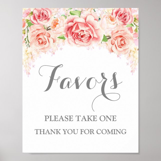 Pôster Sinal de Favores para Chá de Bebê Rosa Floral Aqua (Frente)