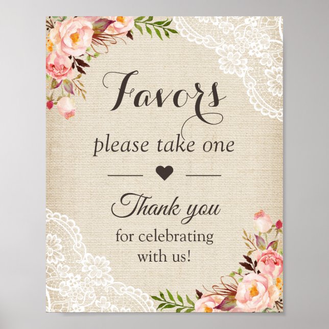 Poster Sinal de Favoritos de Casamento Floral Rustic Burl (Frente)