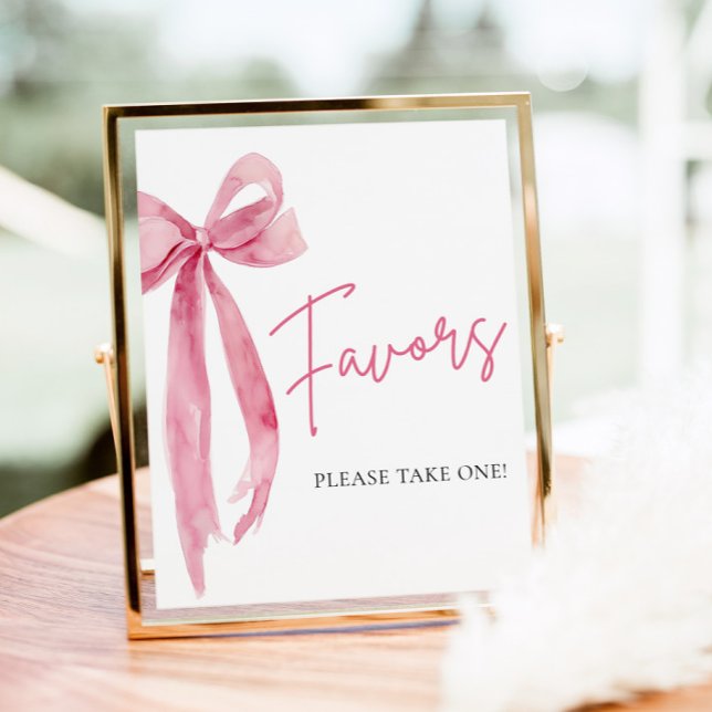 Poster Sinal de Favoritos do Arco Rosa para Espelhamento  (Watercolor Elegant Blush Pink Bow Favors Sign)