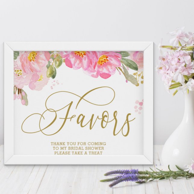 Poster Sinal de Favoritos Dourados, Rosa Floral, Elegante (Favor table sign from my Pink and Gold Watercolor Floral Collection)