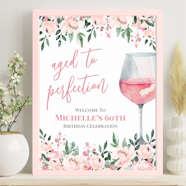 Poster Sinal de Festa de aniversário Floral do Vinho (Wine Floral Birthday Party Welcome Sign )