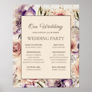 Poster Sinal de festa de casamento roxo e rosa creme