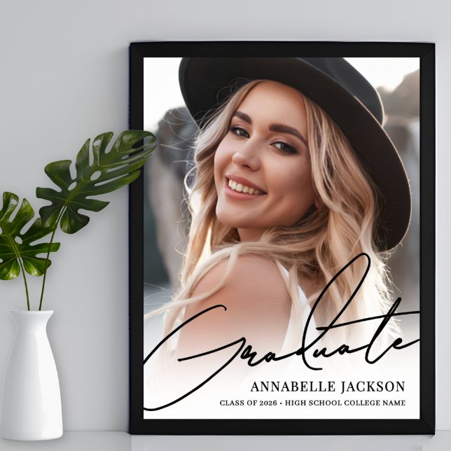 Poster Sinal de Festa de Formatura com Foto Simples Preto (Black White Simple Photo Graduation Party Sign)