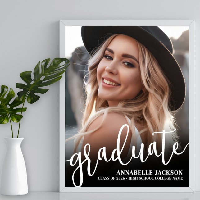 Poster Sinal de festa de formatura com foto simples preto (Black White Simple Photo Graduation Party Sign)