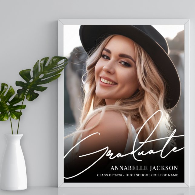 Poster Sinal de festa de formatura com foto simples preto (Black White Simple Photo Graduation Party Sign)