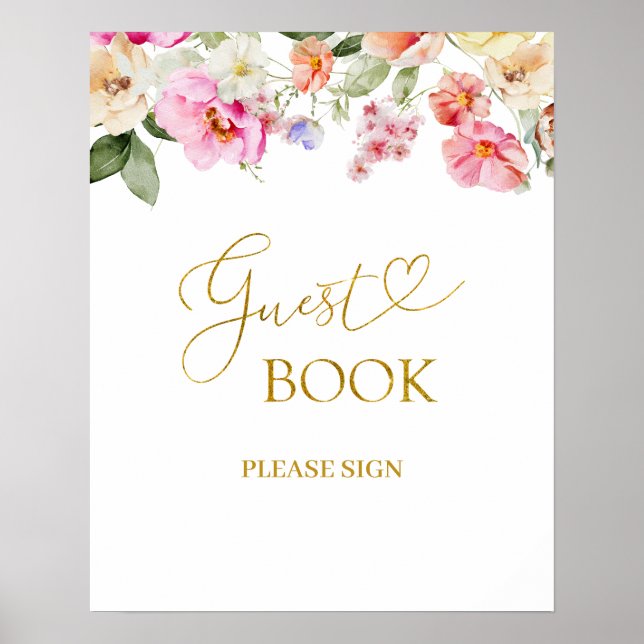 Poster Sinal de festa de livro de visitas floral simples  (Frente)