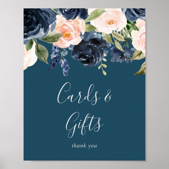 Poster Sinal de Flores Rosa e Azul Naval Cartões e Presen (Frente)