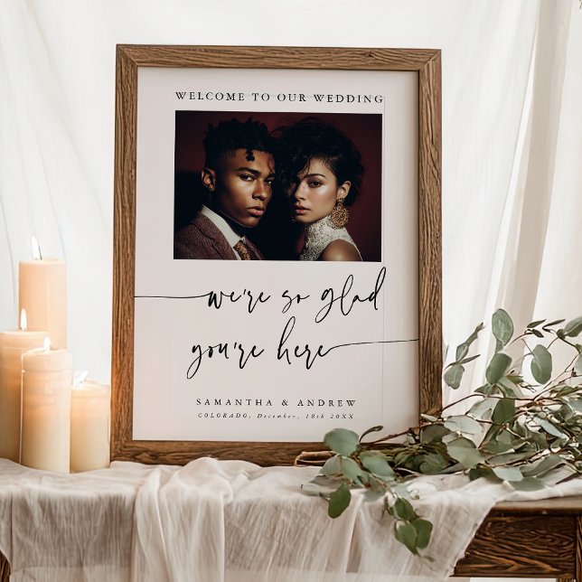 Poster Sinal de Foto de Casamento com Roteiro Simples e M (Modern Simple Elegant Script Wedding Photo Sign)