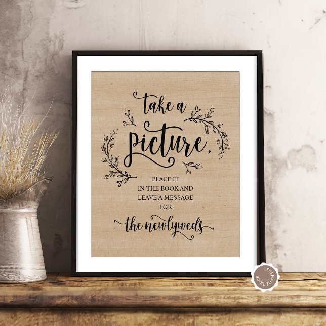 Poster Sinal de Foto do Livro de Convidado Rustic Vines (Take A Picture, Rustic Wedding Poster in Vines Eucalyptus Illustration Brown Cottage Wood Background)