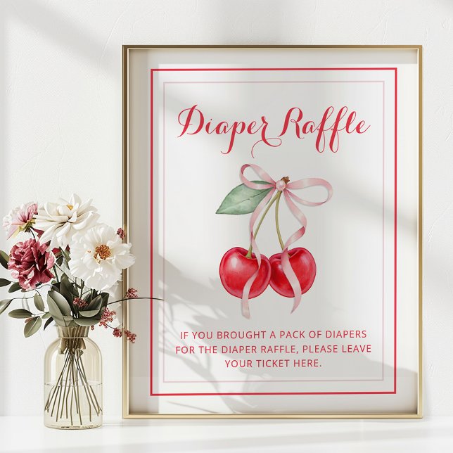 Poster Sinal de Fralda de Cherry Raffle (Diaper Raffle Baby Shower Sign)