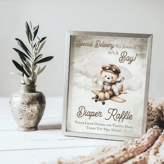 Poster Sinal de Fralda do Urso de Chá do Avião ("Special Delivery Via Airmail  It's A Boy!" Teddy Bear | Airplane Baby Shower Diaper Raffle Sign)