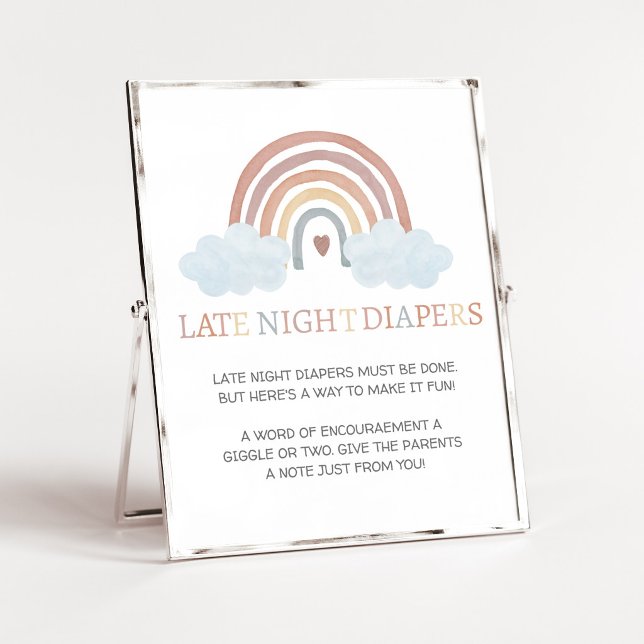 Poster Sinal de Fralda Noturna Boho Pequeno Raio de Sol (Rainbow Baby Shower Late Night Diapers Sign)