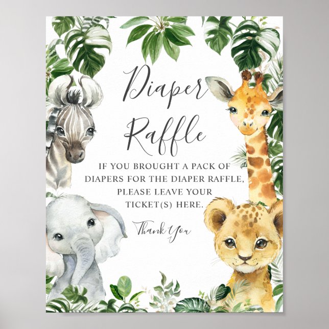 Poster Sinal de Fralda Raffle da Selva Safari Animais da  (Frente)