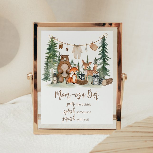 Poster Sinal de Fraldas Noturnas de Animais da Floresta (Woodland Animals Adventure Awaits Rustic Baby Shower Sign)
