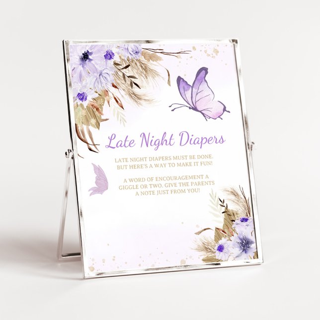 Poster Sinal de Fraldas Noturnas de Chuva de Borboletas F (Purple Butterfly Baby Shower Late Night Diapers Sign)