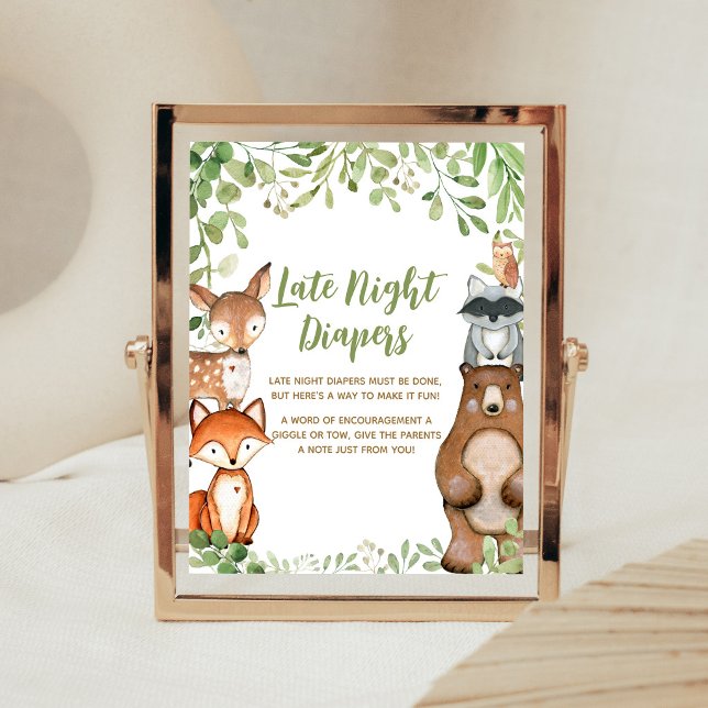 Poster Sinal de Fraldas Noturnas do Chuveiro Floresta Ver (Woodland Animals Baby Shower Late Night Diapers Sign)
