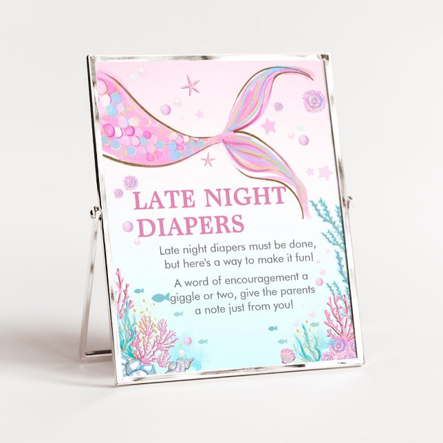 Poster Sinal de Fraldas Noturnas para Chá de Bebê Sereia (Under the Sea Baby Shower Late Night Diapers Sign)