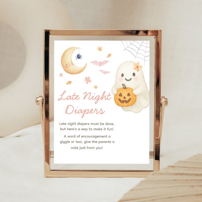 Poster Sinal de Fraldas Noturnas para Chás de Bebê da Peq (Girl Halloween Baby Shower Late Night Diapers Sign)