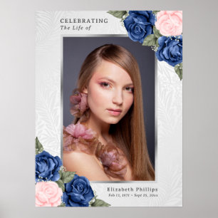 Poster Sinal de Funeral de Foto Floral Azul Rosa em Aquar