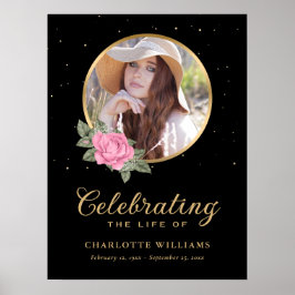 Poster Sinal de Funeral Floral Preto Rosa Dourado