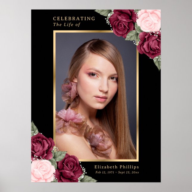 Poster Sinal de Funeral Memorial de Foto Floral Vermelha  (Frente)