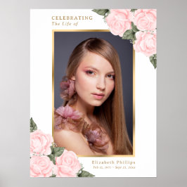Poster Sinal de Funeral Memorial Floral Rosa Dourado