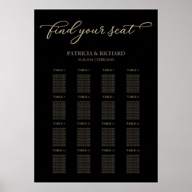 Poster Sinal de Gráfico de Casamento Dourado Chic Preto (Frente)