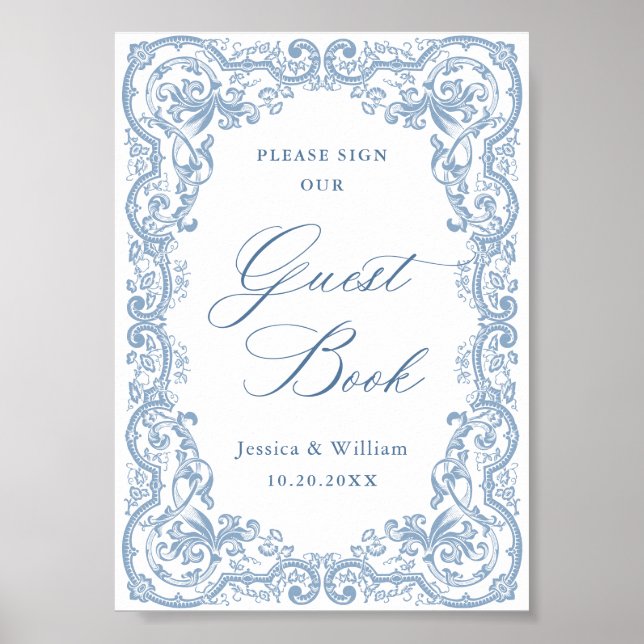 Poster Sinal de Guestbook Azul Dusty do Ornamentado Renas (Frente)
