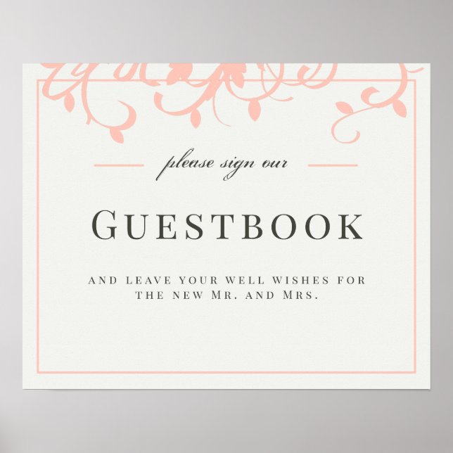 Poster Sinal de Guestbook de Casamento Coral e Creme (Frente)