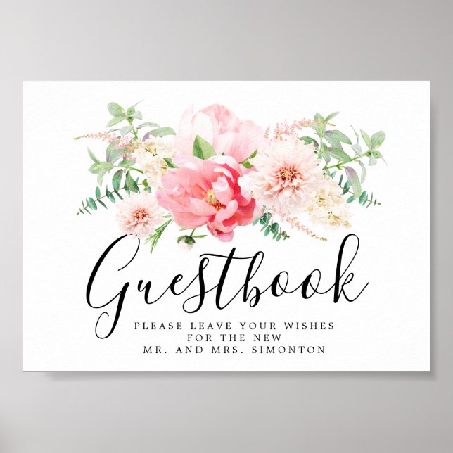 Poster Sinal de Guestbook de Casamento Floral Rosa Russo (Frente)