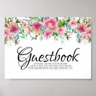Poster Sinal de Guestbook de Peoney Floral Rosa