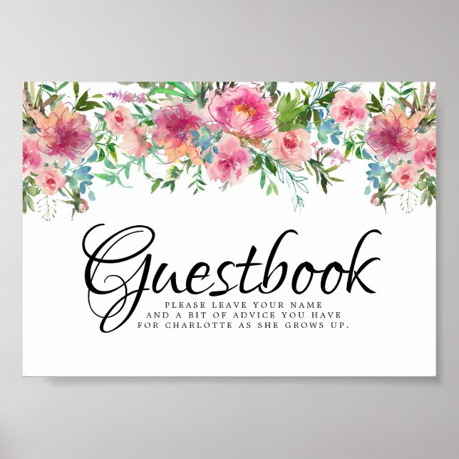 Poster Sinal de Guestbook de Peoney Floral Rosa (Frente)