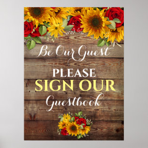 Poster Sinal de Guestbook de Sunflower e Rosas Rustic Wed