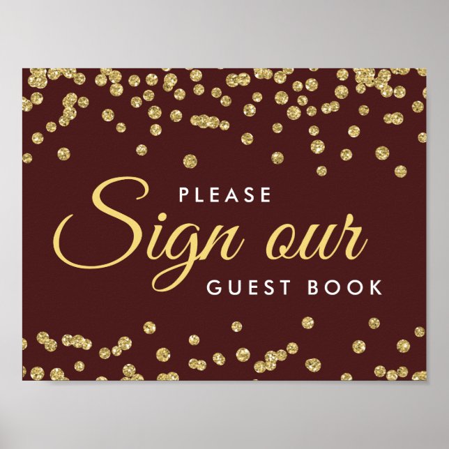 Poster Sinal de Guestbook Dourado Faux Glitter Confetti M (Frente)