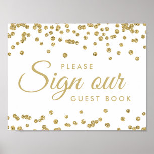Pôster Sinal de Guestbook Dourado Faux Glitter Confetti W