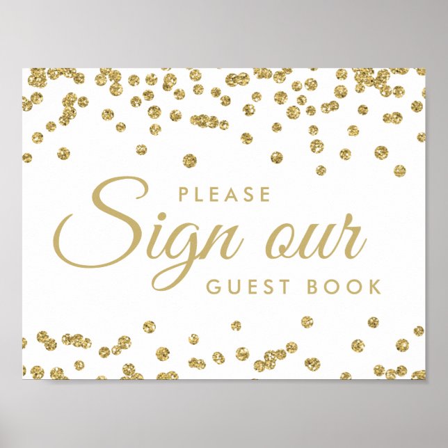 Pôster Sinal de Guestbook Dourado Faux Glitter Confetti W (Frente)