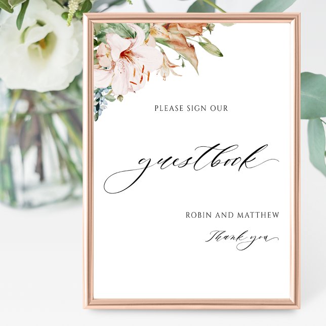 Poster Sinal de Guestbook Elegante Earthy Blooms (Criador carregado)