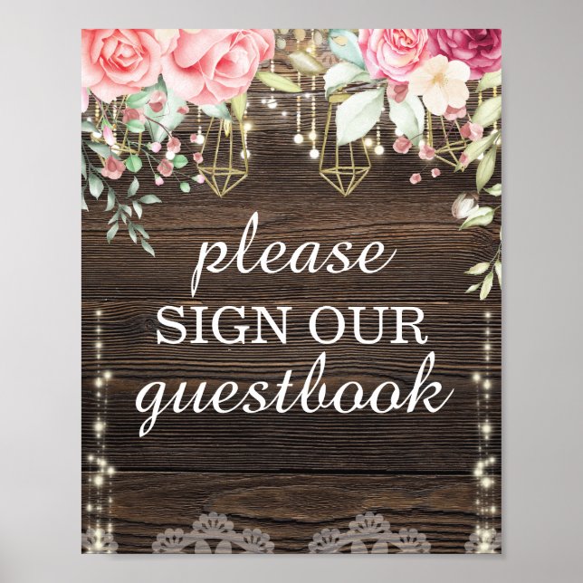 Poster Sinal de Guestbook Floral de Casamento Russo (Frente)