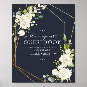 Poster Sinal de Guestbook Geométrico Azul Branco