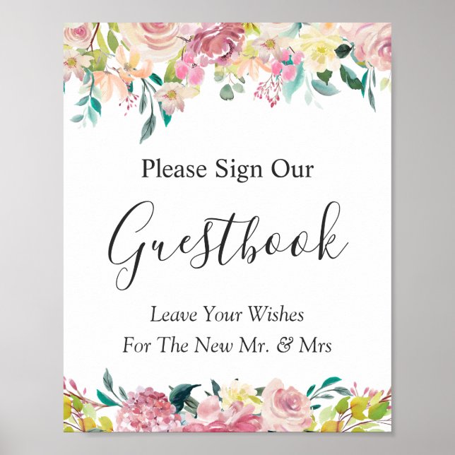 Poster Sinal de Guestbook Pastel Blush Chic Floral (Frente)