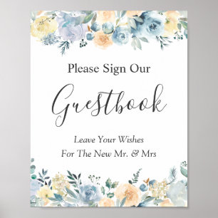 Poster Sinal de Guestbook Pastel Vanilla Blue Floral