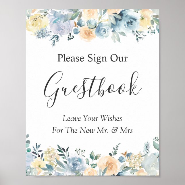 Poster Sinal de Guestbook Pastel Vanilla Blue Floral (Frente)