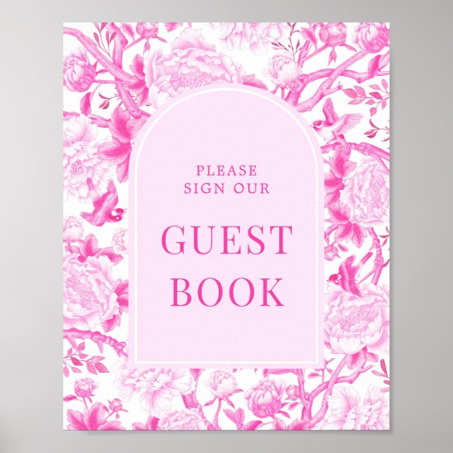 Poster Sinal de Guestbook Rosa Fuchsia Chinoiserie Porcel (Frente)