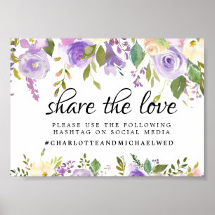 Poster Sinal de Hashtag de Casamento Floral Roxo da Rússi