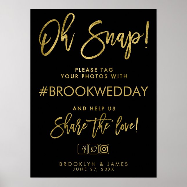 Pôster Sinal De Hashtag De Casamento Preto E Dourado (Frente)