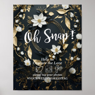Poster Sinal de Hashtag Snap de Casamento Floral Dourado