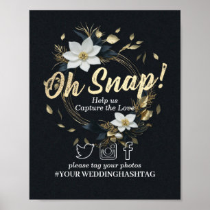 Poster Sinal de Hashtag Snap de Casamento Floral Dourado
