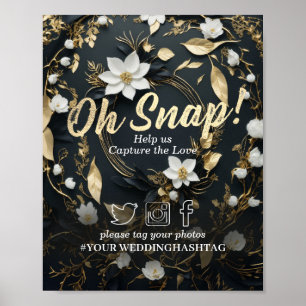 Poster Sinal de Hashtag Snap de Casamento Floral Dourado