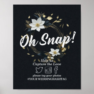 Poster Sinal de Hashtag Snap de Casamento Floral Dourado
