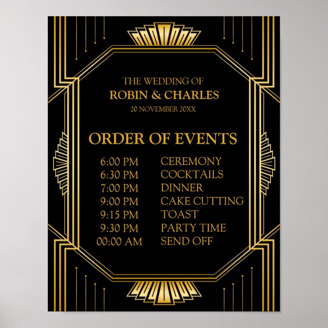 Pôster Sinal de Horário de Eventos | Gatsby Art Deco (Frente)